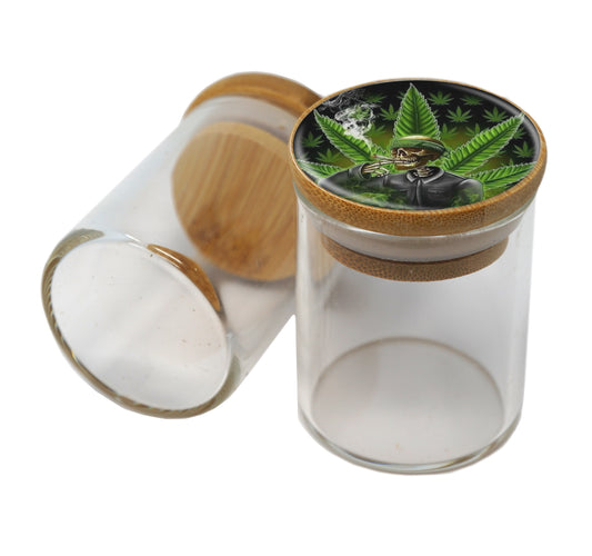 Bamboo Lid Glass Jar Container With Design #BS-083